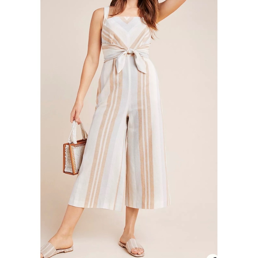 by ANTHROPOLOGIE Savannah Striped Linen Blend Sleeveless Wide Leg Jumpsuit 6